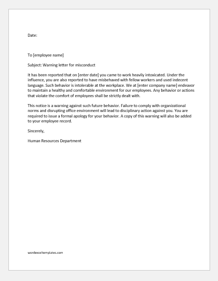 Warning Letter to Employee for Misconduct | Word & Excel ...