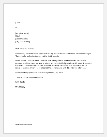 Sick Letter For Work from www.wordexceltemplates.com