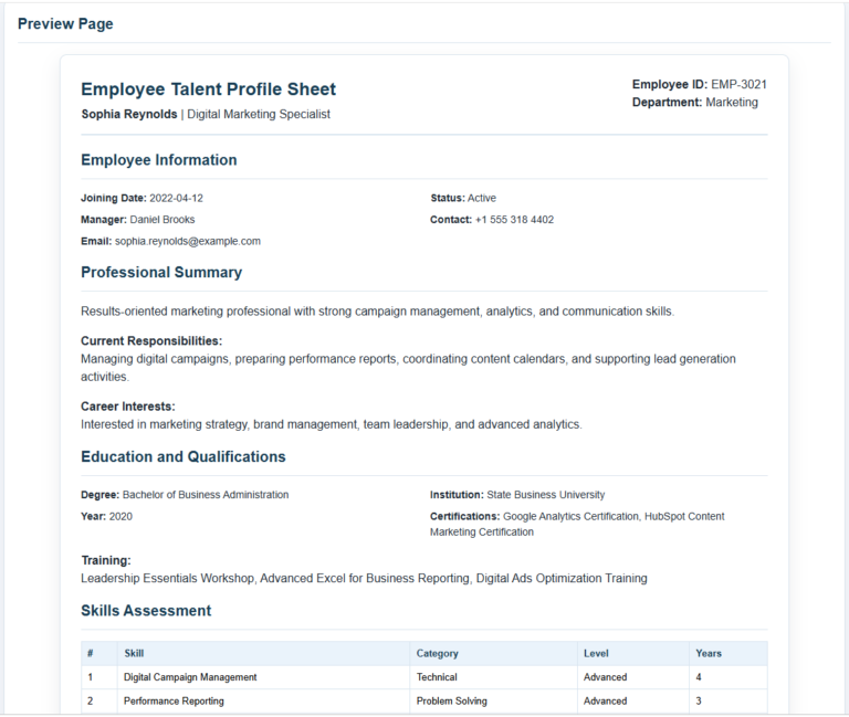 Employee Talent Profile Sheet