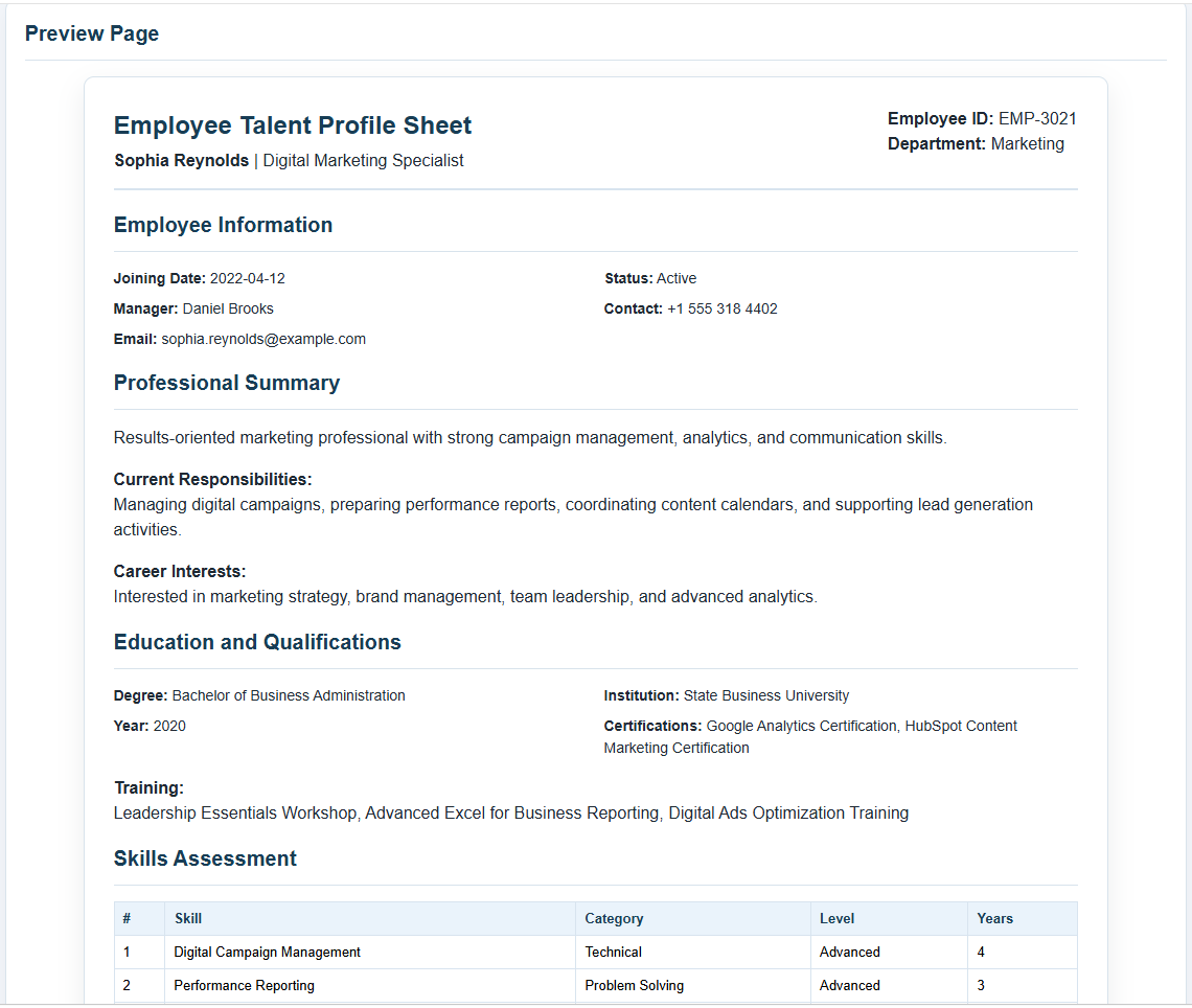 Employee Talent Profile Sheet
