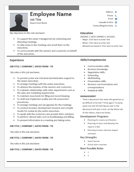 Employee talent profile sheet template