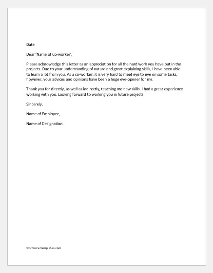 Appreciation Letter To Coworker Sample from www.wordexceltemplates.com