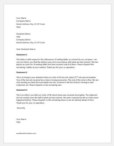 Notification Letter To Shipper About Order Is Incomplete Word Excel Templates