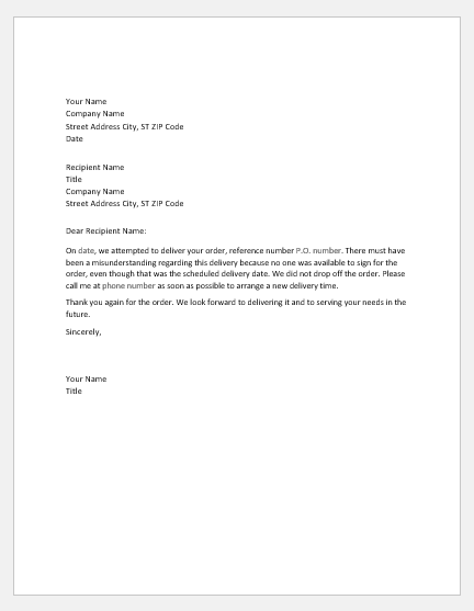Notification letter to customer for missing delivery