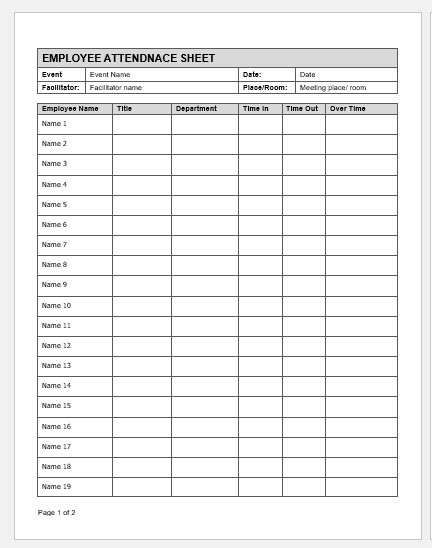 Holiday Attendance Sheet Of Employees Word Excel Templates