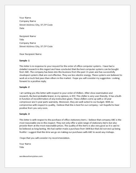 Recommendation Letter for a Product or Services