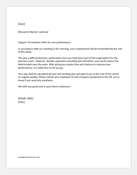 Termination Letter For Poor Performance from www.wordexceltemplates.com