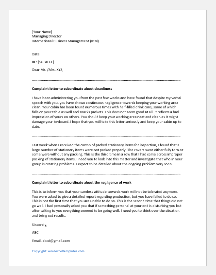 Complaint letter to subordinate