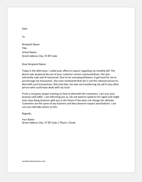 Complaint letter of rude customer service