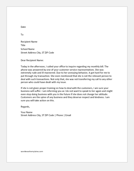 Complaint Letter For Poor Service from www.wordexceltemplates.com