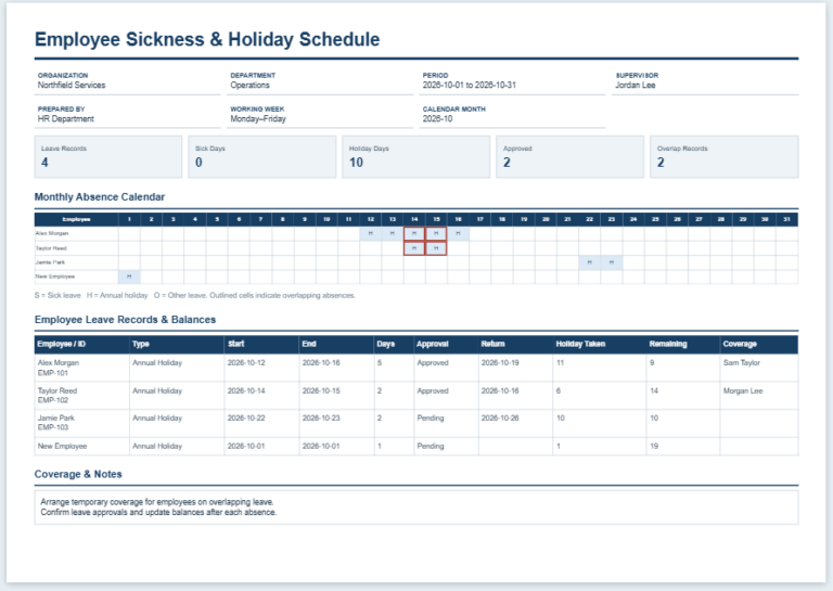 Employee Sickness and Holiday Schedule