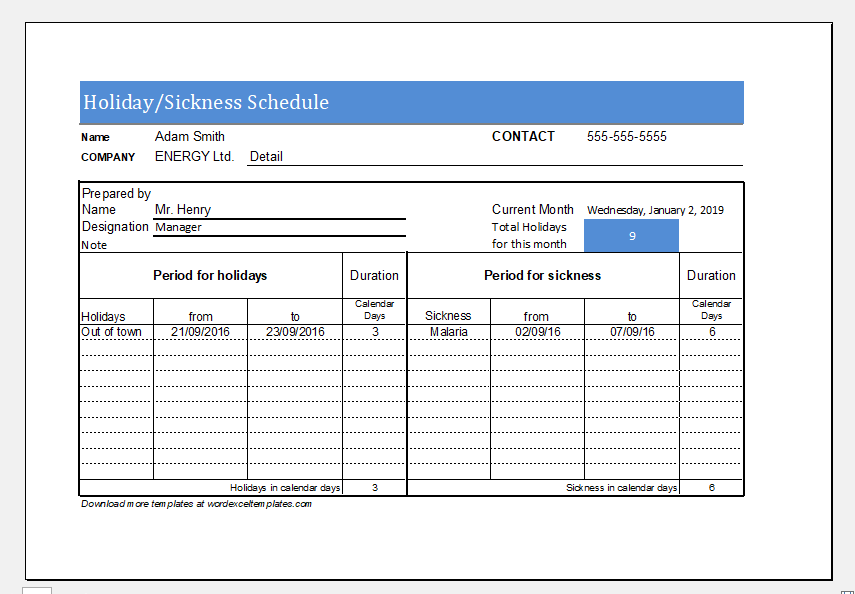 Sickness holiday schedule template