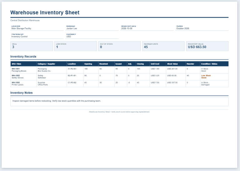 Warehouse Inventory Sheet
