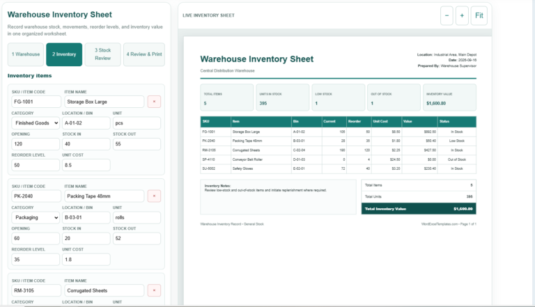 Warehouse Inventory Sheet