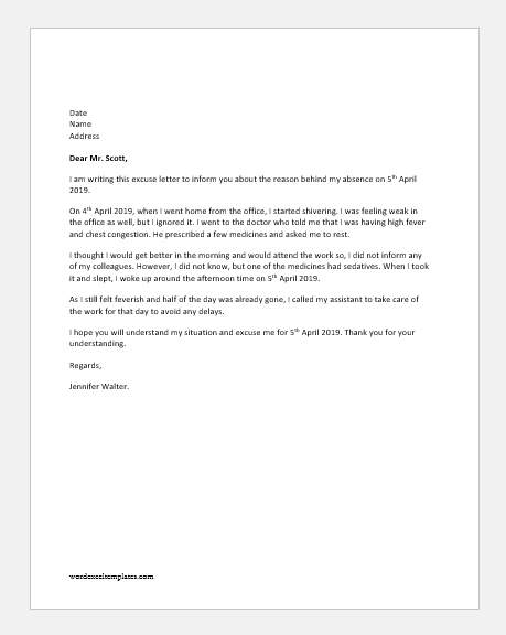 Excuse Letters For Being Absent From Office Word Excel Templates