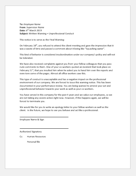 Reprimand Letter For Inappropriate Behavior from www.wordexceltemplates.com