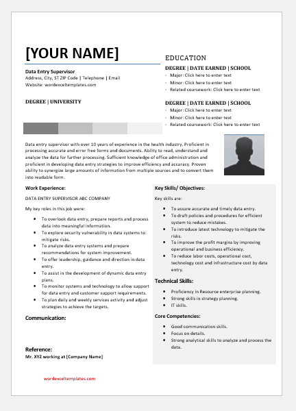 Data Entry Supervisor Resume Templates For Word Word Excel Templates