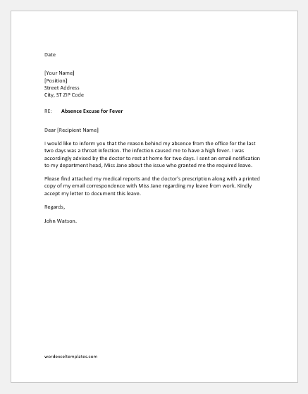 Excuse Letter For Being Absent In Work from www.wordexceltemplates.com