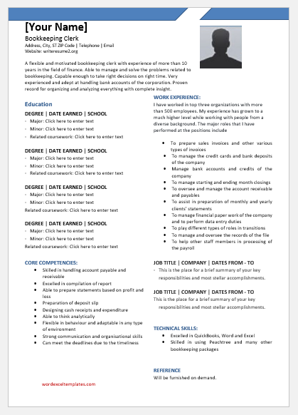 Bookkeeper Clerk Resume Template