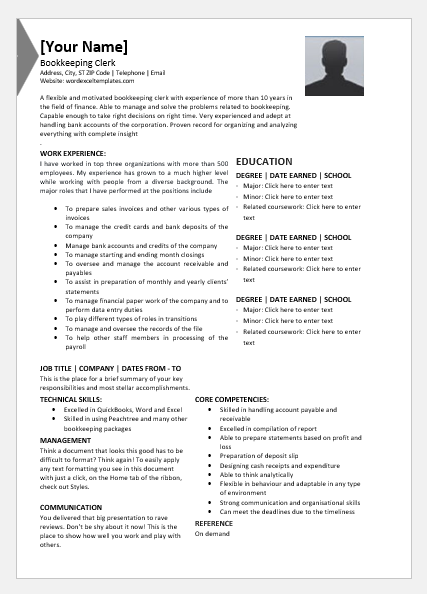 Bookkeeper Clerk Resume for Word