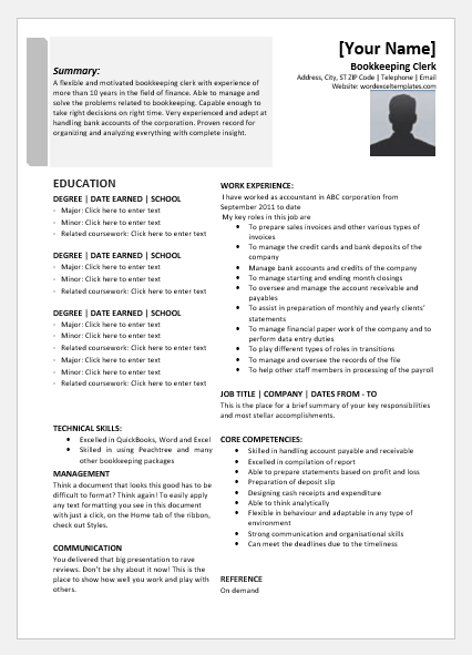 Sample Bookkeeper Clerk Resume