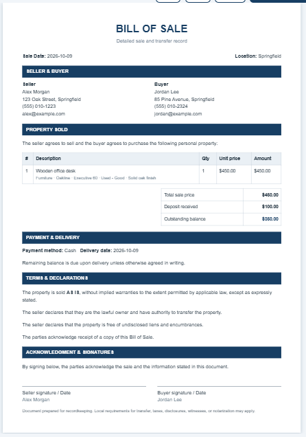 Bill of Sale Template