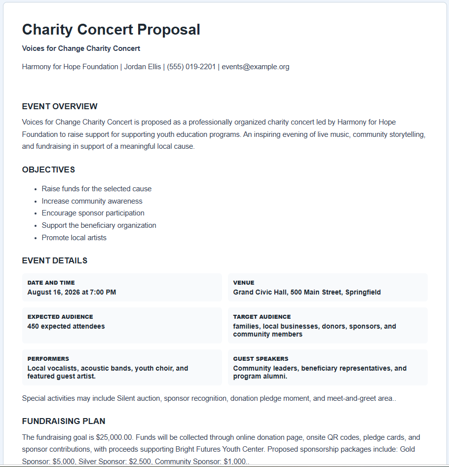 Charity Concert Proposal Template