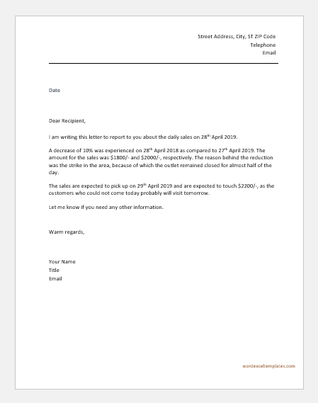 Daily, Weekly, & Monthly Sales Report Letters to Boss | Word & Excel ...