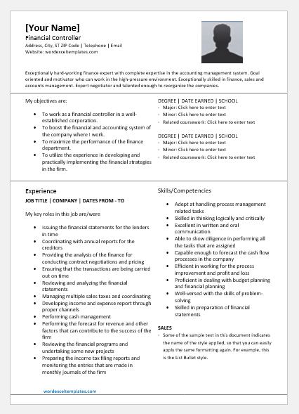 Financial controller resume template