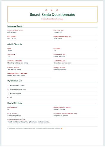 Secret Santa Questionnaire