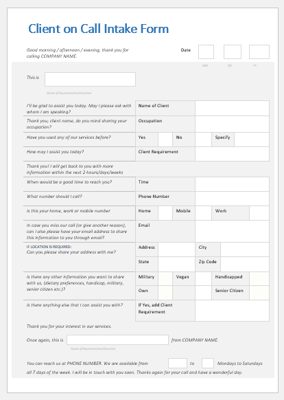 Client on Call Intake Form Template
