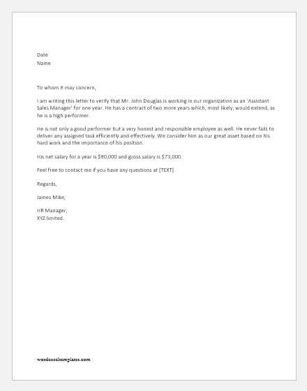 Employee Proof Of Employment Letter from www.wordexceltemplates.com