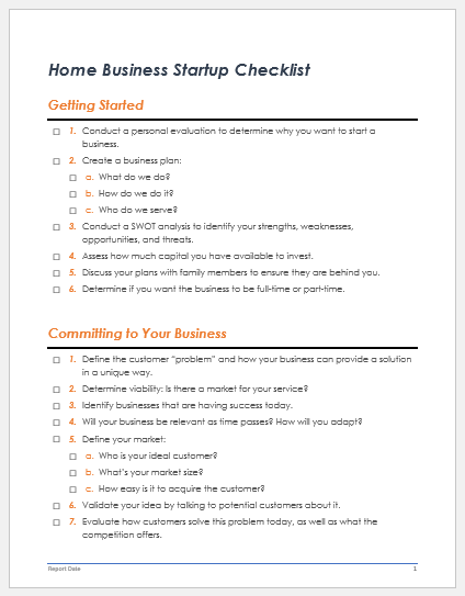 Home Business Startup Checklist Template