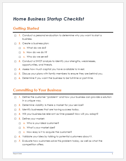 Home Business Startup Checklist Template Word Excel