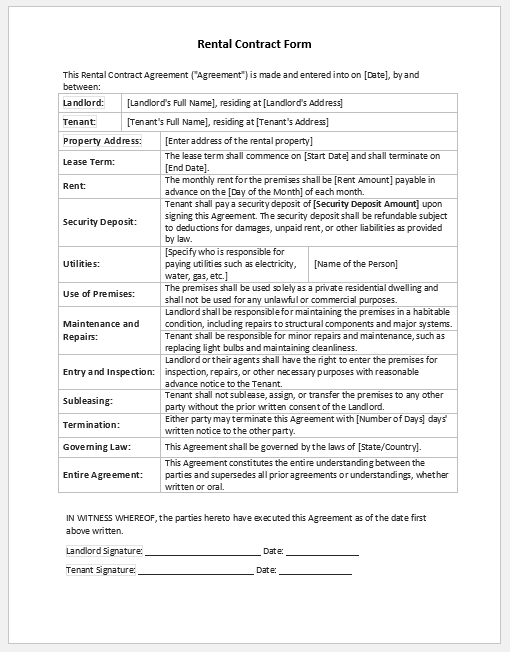 Rental Contract Form Template