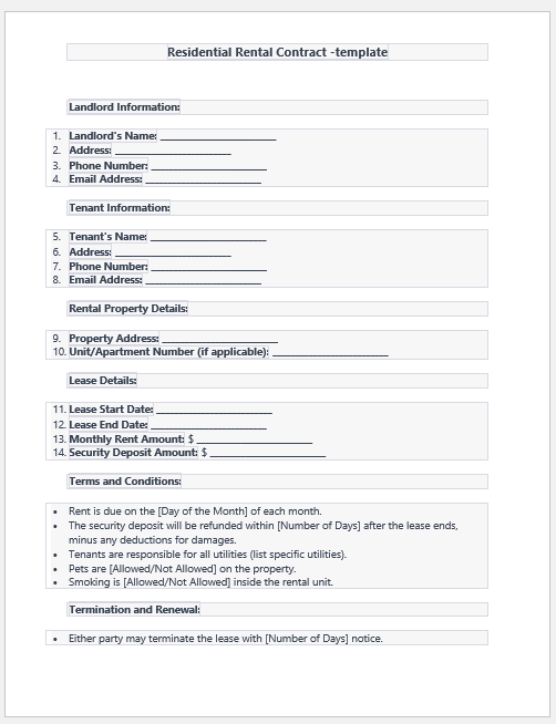 Rental contract form template