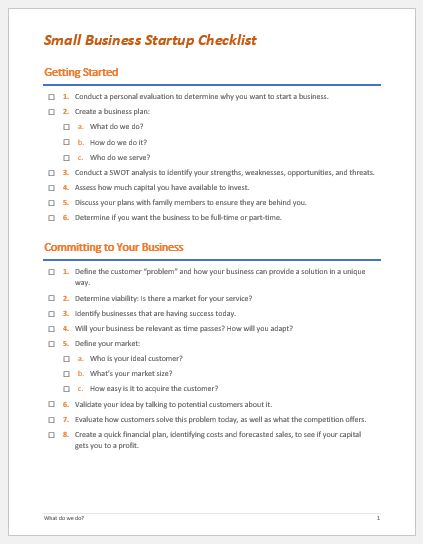 Small Business Startup Checklist Template