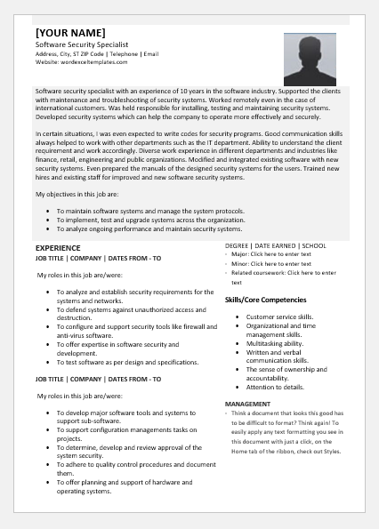 Software security specialist resume