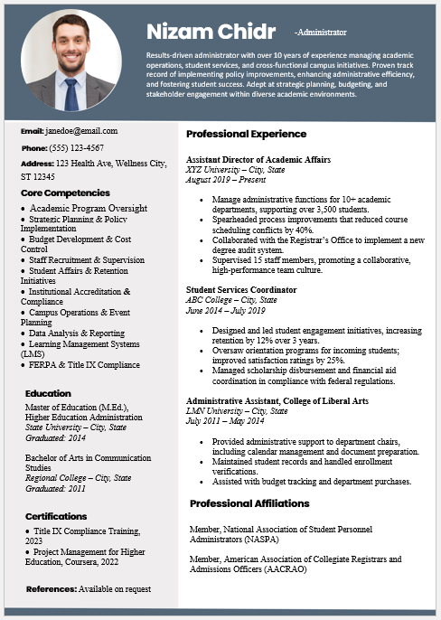 University administrator resume