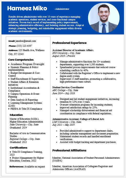 University administrator resume