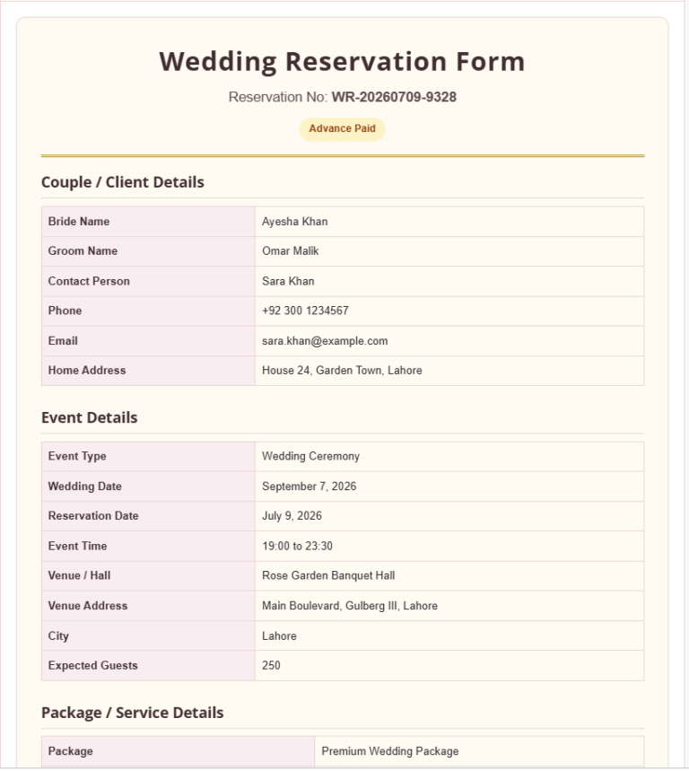 Wedding Reservation Form Template