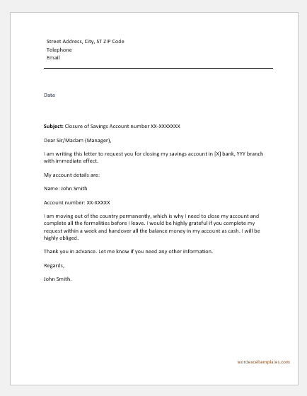 Account Closing Letter To Bank Sample Word Excel Templates
