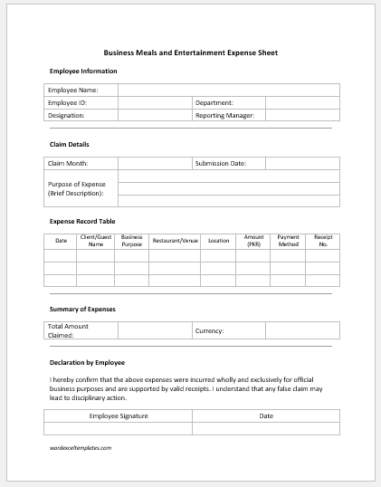 Business Meals and Entertainment Expense Sheet