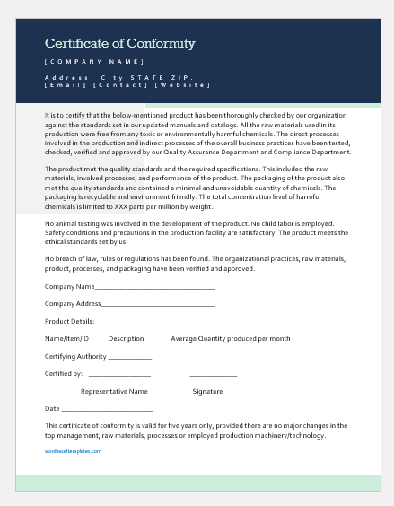 Certificate Of Conformance Template from www.wordexceltemplates.com