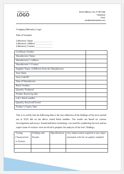 Certificate of analysis template