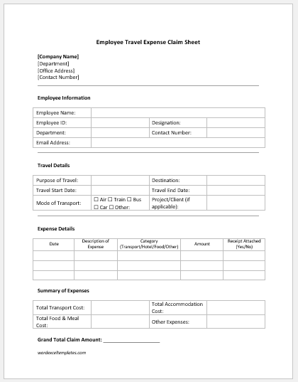 Employee Travel Expense Claim Sheet