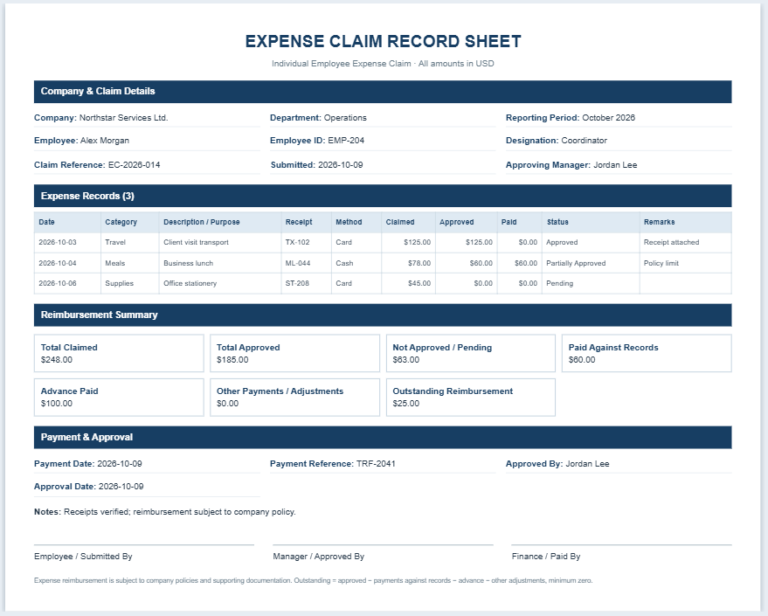 Expense Claim Record Sheet