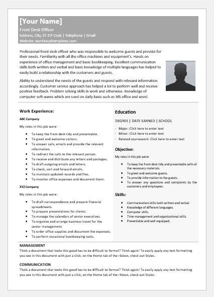 Front Desk Officer Resume Template For Word Word Excel Templates