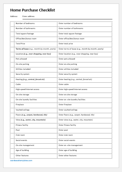 Home Purchase Checklist Template