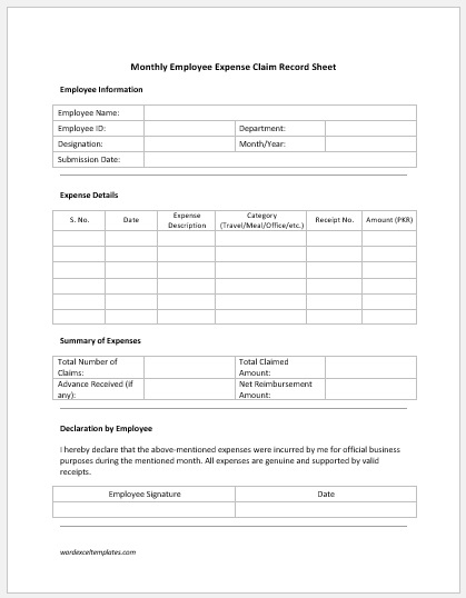 Monthly Employee Expense Claim Record Sheet